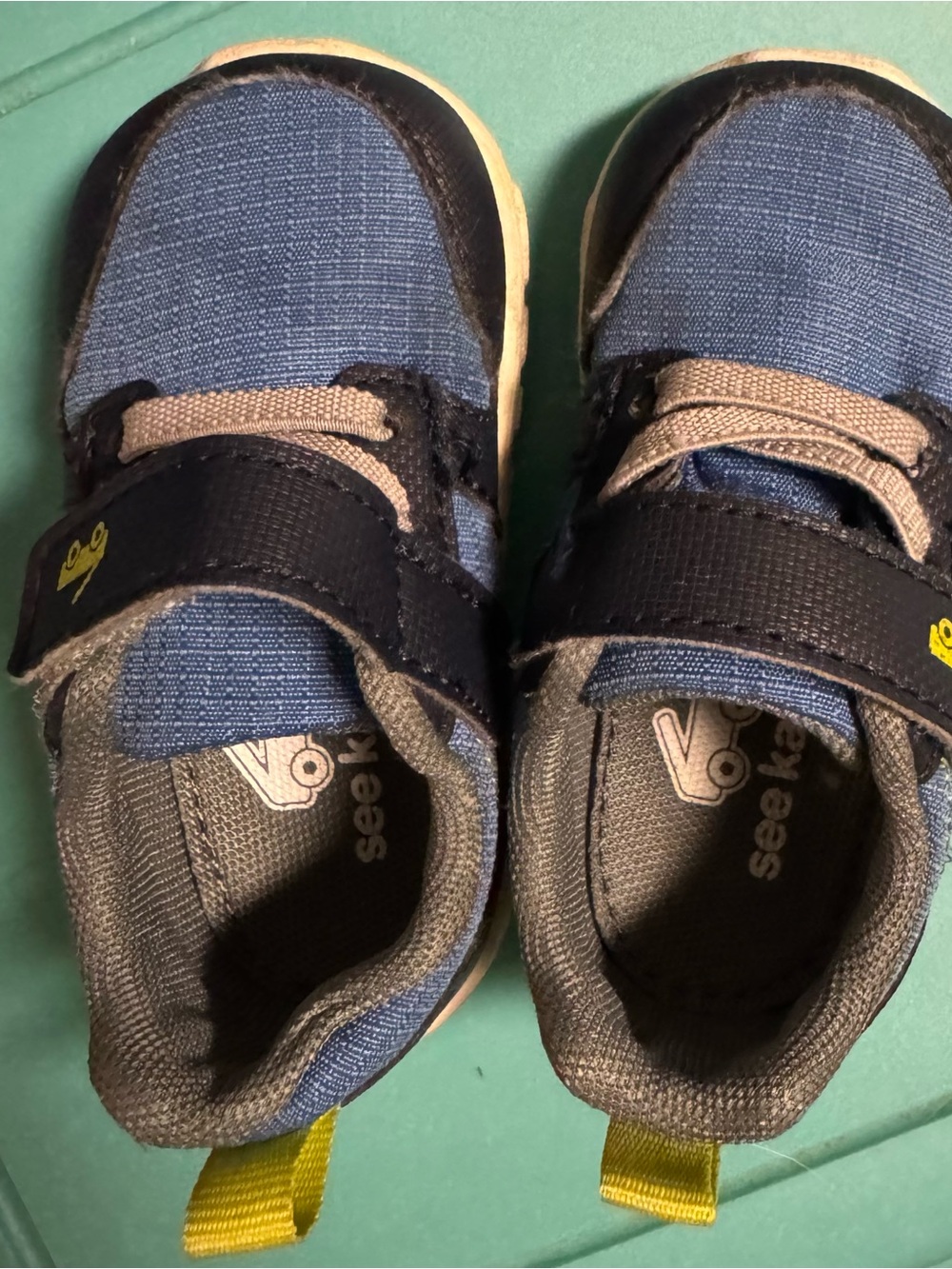 See Kai Run Blue and Gray Kids Velcro Sneakers with Yellow Pull Tab